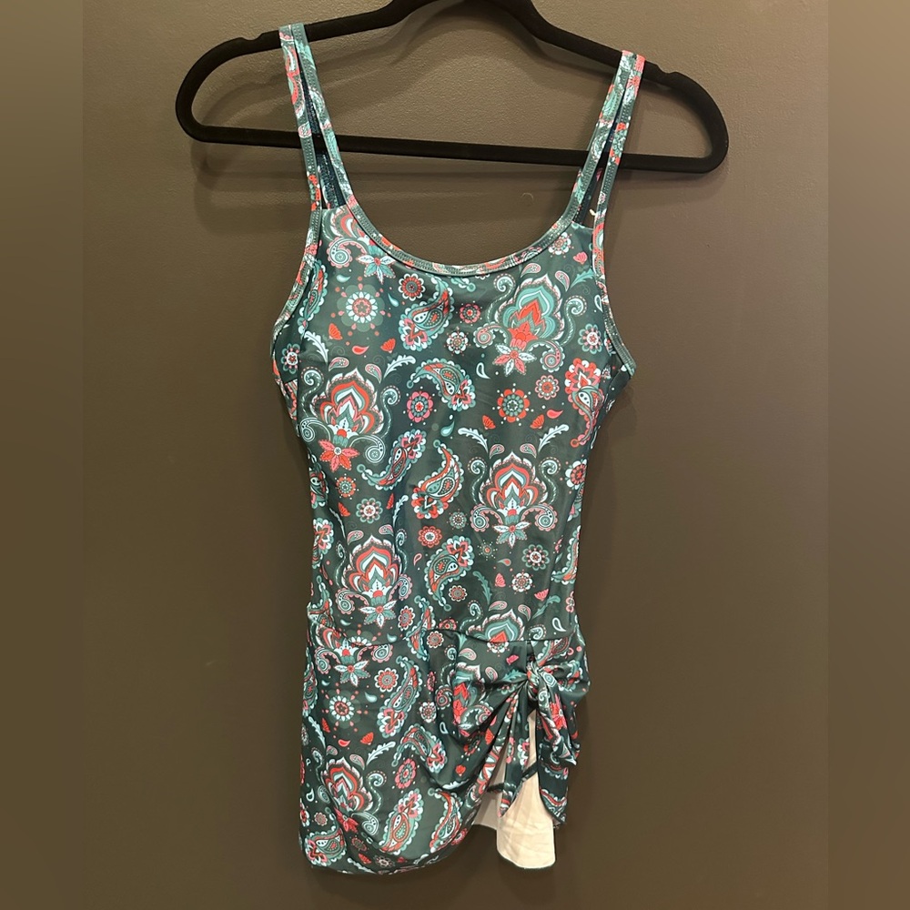 Green and Red One Piece‎ Swimsuit with Elegant Ruching